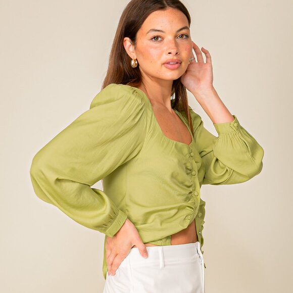 LUMIERE Light Green Ruched Button-Front Top, Square Neck Long Sleeve Blouse - Picture 2 of 6